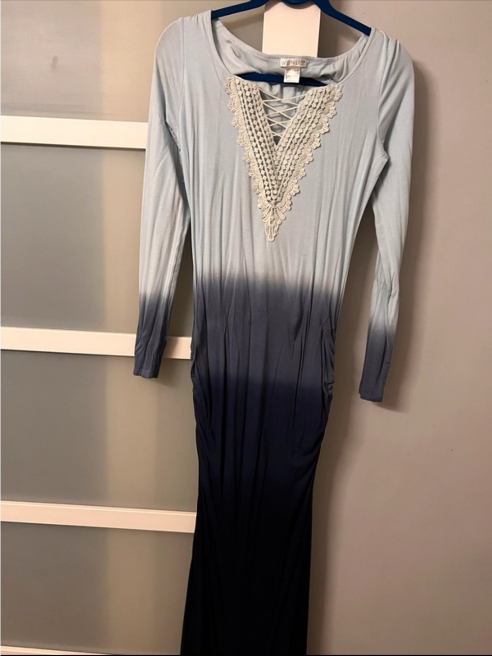 VENUS Ombre Maxi Dress in Light Blue to Navy with Crochet V Detail